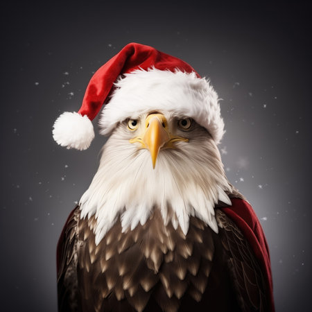 American Bald Eagle in Santa Claus hat on dark background. Christmas concept.の素材