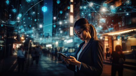 Businesswoman using her mobile phone in the city.の素材