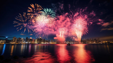 Colorful fireworks of various colors over the cityscape at night.の素材