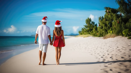 Couple in Santa hats walking on tropical beach at Seychellesの素材
