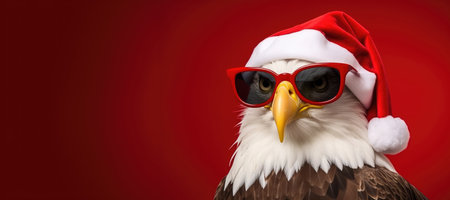Portrait of a bald eagle wearing a Santa Claus hat and red sunglasses. Space for text or product display.の素材