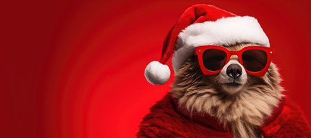 Close up of Grizzly Bear in santa hat and red sunglasses over red backgroundの素材
