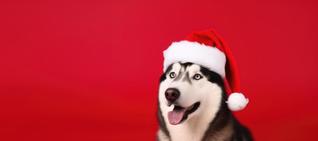 Cute siberian husky dog with santa hat on red backgroundの素材