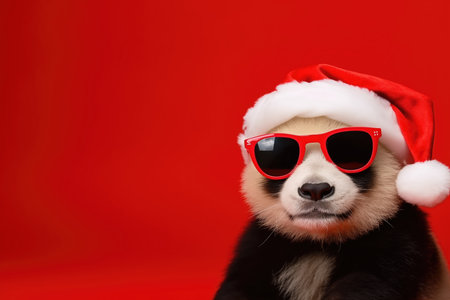 Cute panda dog wearing santa hat and sunglasses on red backgroundの素材