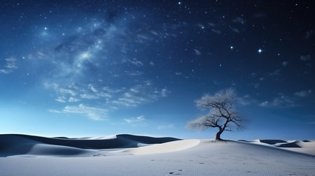 Desert landscape with lonely tree and starry sky.の素材