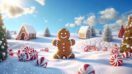 Christmas gingerbread man in the village. Christmas  illustration background.の素材