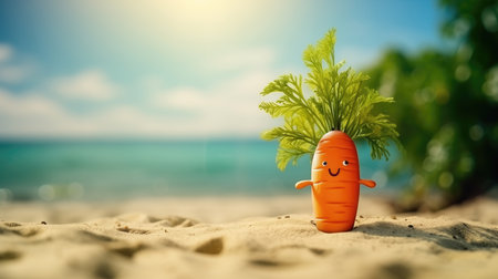 Carrot with happy face on the beach. Healthy food concept.の素材