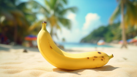 Banana on the beach. Tropical vacation concept. Selective focus.の素材