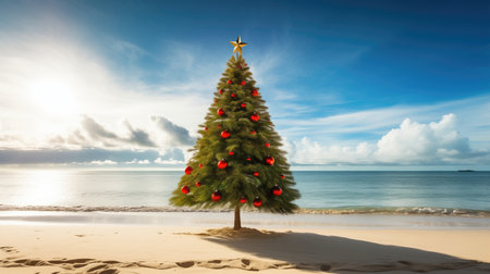 Christmas tree on the beach. Christmas holiday conceptの素材