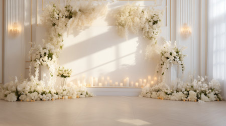 Wedding arch with white flowers and candles.の素材