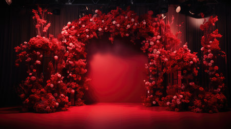 Stage with red carpet and red flowers.の素材