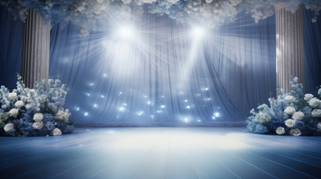 Theater stage with blue curtains and white flowersの素材