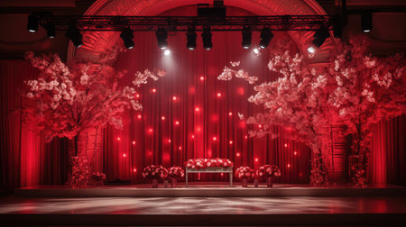 Red stage curtain with spotlights and a bench.の素材
