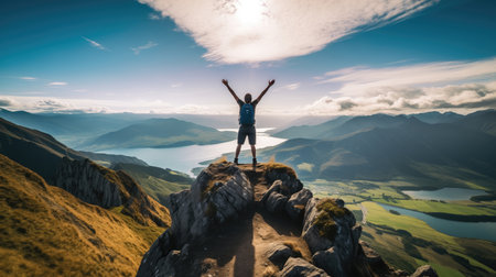 Man on the top of the mountain with arms raised and enjoying the viewの素材