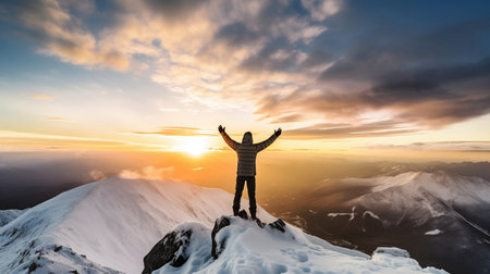 Man on top of a mountain with his arms raised in the air and enjoying the view of the sunsetの素材