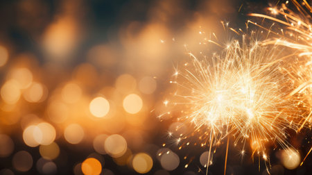 Beautiful firework on the background of the golden bokehの素材