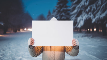 Man holding white sheet of paper in night winter forest at night. Mock upの素材