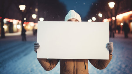Young woman in winter clothes holding a white sheet of paper on the background of the night cityの素材