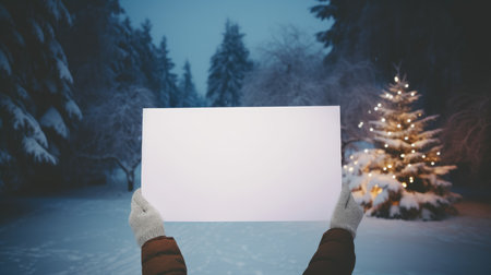 Hands holding a blank white paper against snowy landscape with christmas  tree.の素材