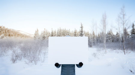 Man in winter forest holding a white blank boardの素材