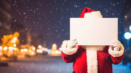 Santa claus with blank white board over night city street backgroundの素材