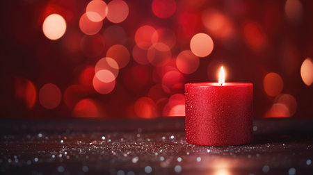 Burning red candle on bokeh background. Christmas and New Year conceptの素材