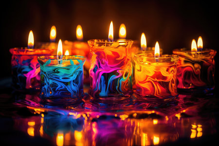 Colorful candles on a dark background. Shallow depth of field.の素材