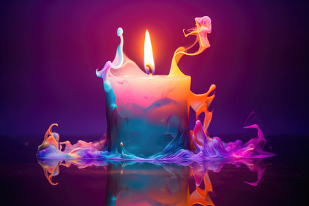 Burning candle with reflection on water. Colorful abstract background.の素材