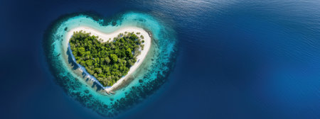 Panorama view of a small island in the shape of a heart. Panoramic banner with space for text.の素材