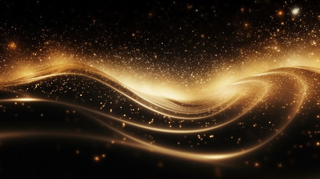 Abstract golden wave with sparkles on black background. Vector illustration.の素材