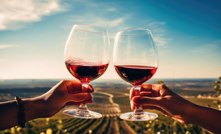 Two glasses of red wine in vineyard, Tuscany, Italyの素材