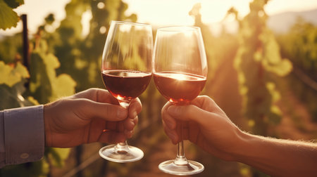 Close-up of two male hands holding glasses of red wine in vineyardの素材