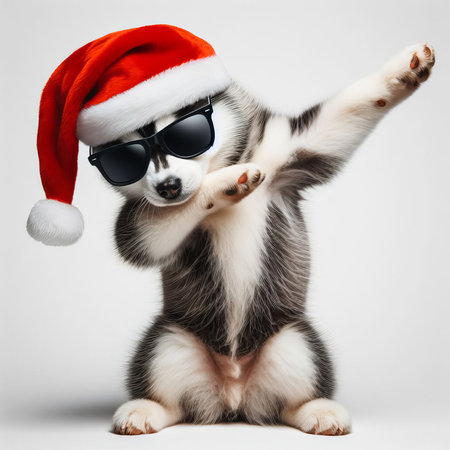 Funny siberian husky puppy wearing a santa claus hat and sunglasses, doing the Dab dance isolated on a white background.の素材