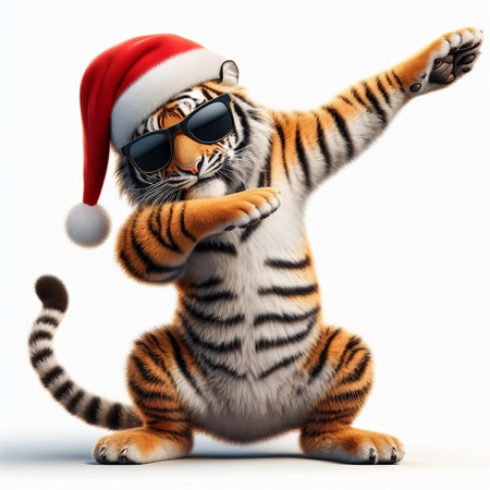 Cute tiger wearing a santa claus hat and sunglasses, doing the Dab dance on a white background.の素材