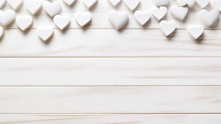 Valentine's day background. White hearts on wooden background.の素材