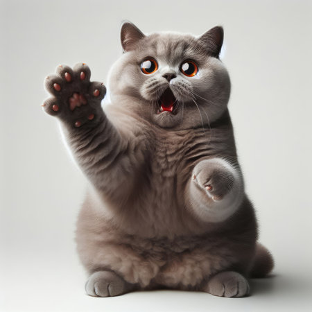 Cute british shorthair cat with funny expression on gray backgroundの素材
