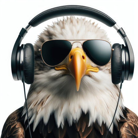 Bald Eagle with headphones and sunglasses. Isolated on white background.の素材