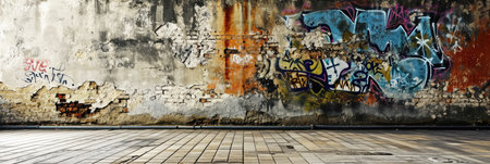 Panorama of old grunge wall with graffiti. Abstract urban art background.の素材