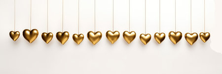 Golden hearts hanging on white background.の素材