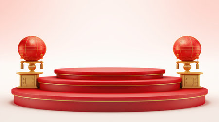 Podium round for awards ceremony on red background.の素材