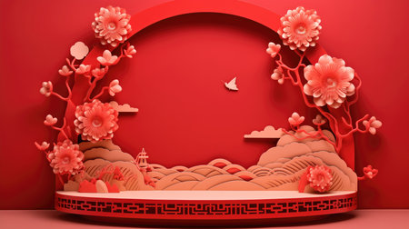red paper cut and craft style background for Chinese new year.の素材