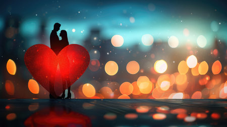Silhouette of couple with red heart on bokeh backgroundの素材