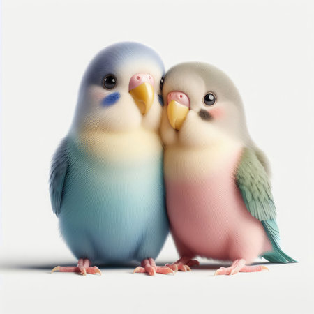 Two budgerigars on a white background, close-upの素材