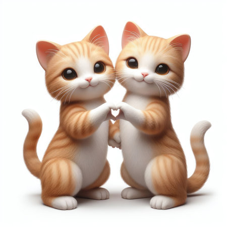 Two cats holding hands and looking at each other isolated on white backgroundの素材