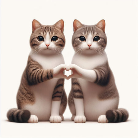 Two cats making a heart shape with their hands on a white backgroundの素材