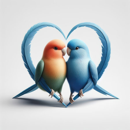 Two lovebirds in the form of a heart on a white backgroundの素材
