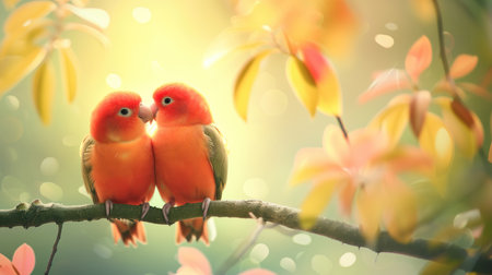 Two lovebirds sitting on a branch of a tree with colorful autumn leavesの素材