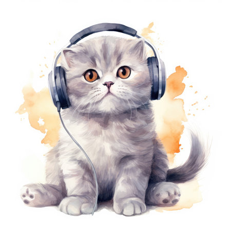 Cute British Shorthair kitten with headphones. Watercolor illustration on white background.の素材