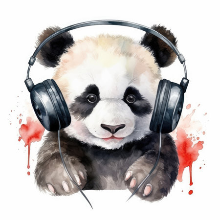 Cute panda listening to music with headphones. Watercolor illustrationの素材