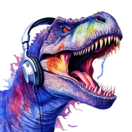 Dinosaur listening to music with headphones. Digital illustration. Isolated on white background.の素材